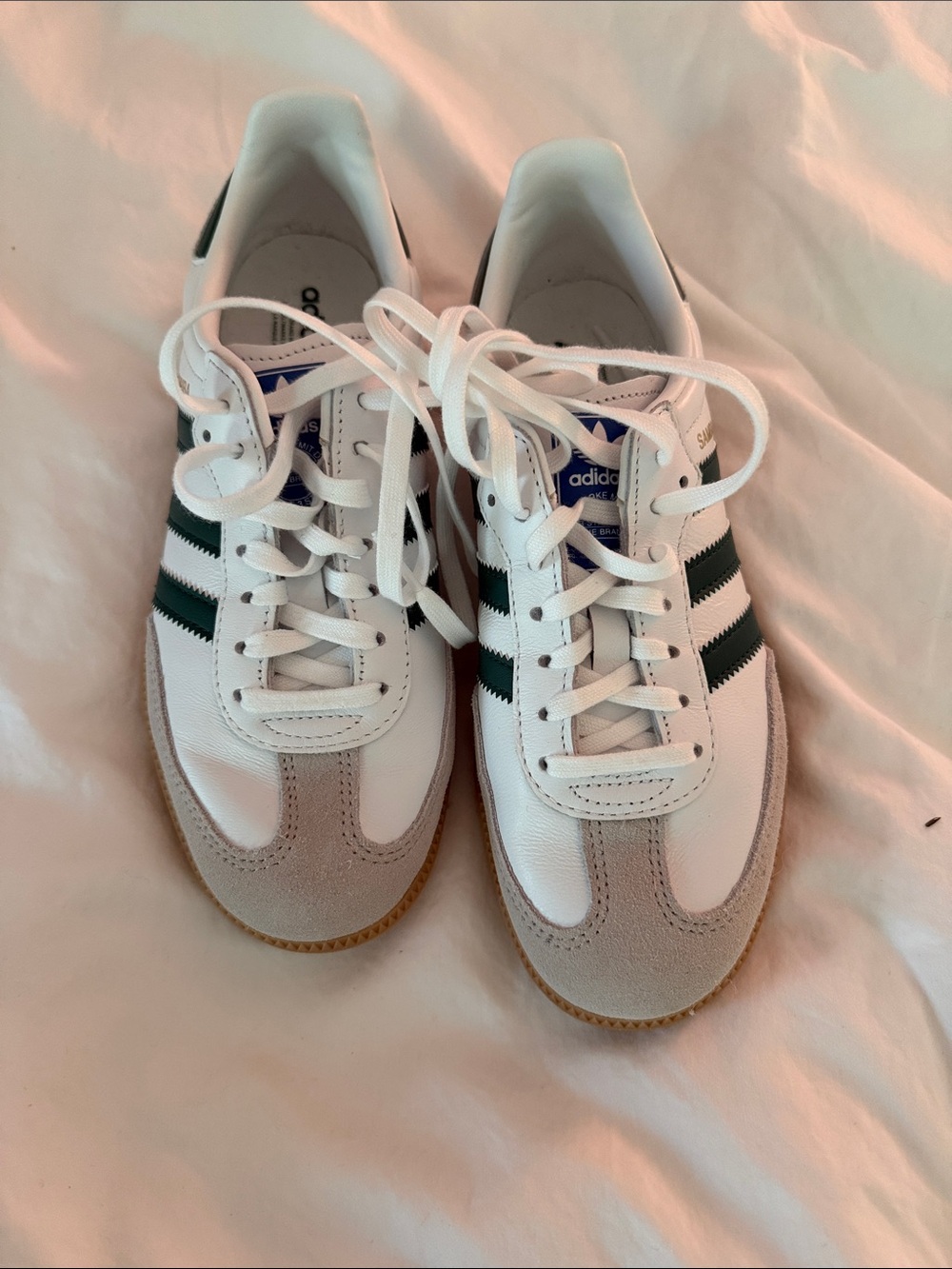 adidas White Sneakers with Green Stripes and Beige Suede Accents